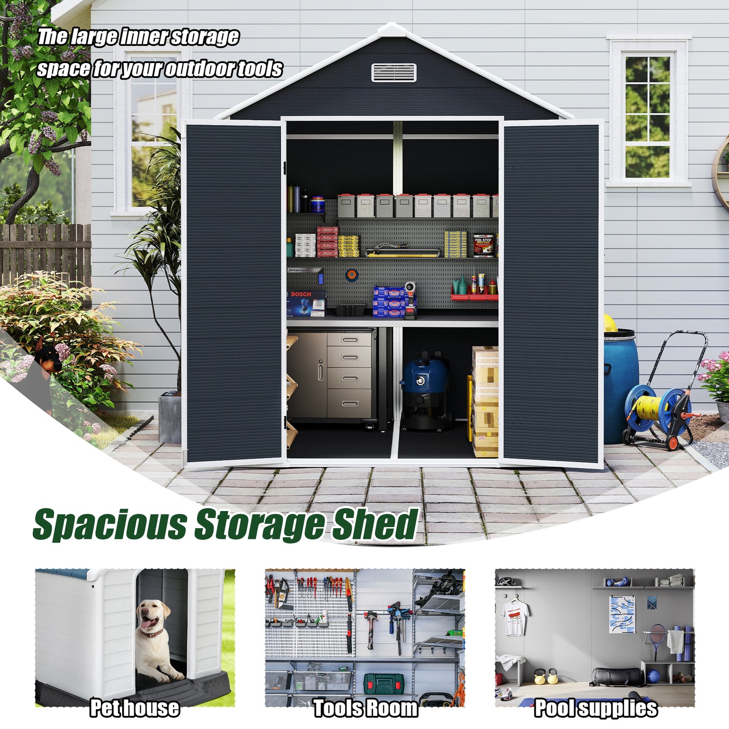 6*6ft resin storage shed, high quality pp material with Lockable Door,strong structure, waterproof, rust and UV proof, large storage space, 12mm thick pp board, HD window lighting Dark gray