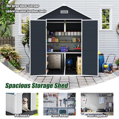 6*6ft resin storage shed, high quality pp material with Lockable Door,strong structure, waterproof, rust and UV proof, large storage space, 12mm thick pp board, HD window lighting Dark gray