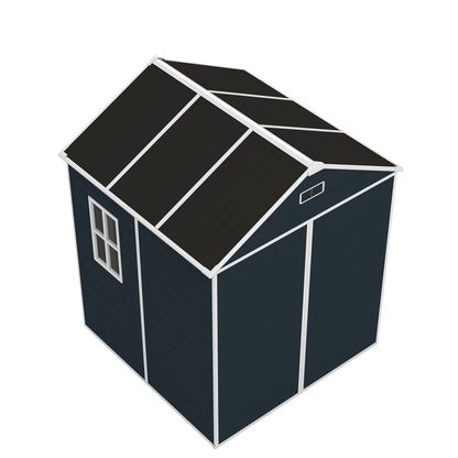 6*6ft resin storage shed, high quality pp material with Lockable Door,strong structure, waterproof, rust and UV proof, large storage space, 12mm thick pp board, HD window lighting Dark gray