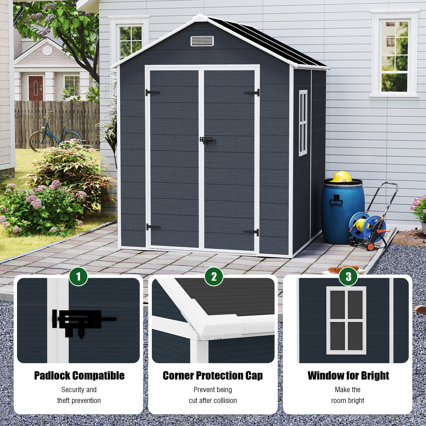 6*6ft resin storage shed, high quality pp material with Lockable Door,strong structure, waterproof, rust and UV proof, large storage space, 12mm thick pp board, HD window lighting Dark gray