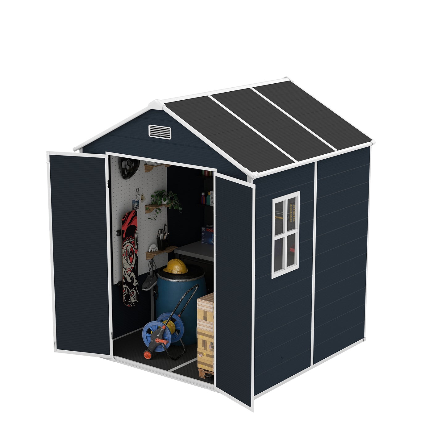 6*6ft resin storage shed, high quality pp material with Lockable Door,strong structure, waterproof, rust and UV proof, large storage space, 12mm thick pp board, HD window lighting Dark gray