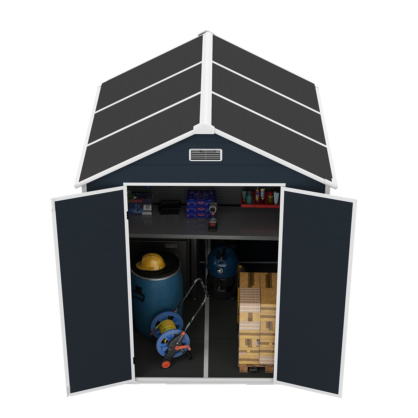 6*6ft resin storage shed, high quality pp material with Lockable Door,strong structure, waterproof, rust and UV proof, large storage space, 12mm thick pp board, HD window lighting Dark gray