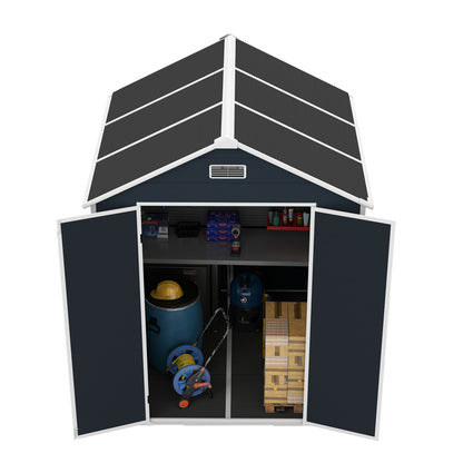 6*6ft resin storage shed, high quality pp material with Lockable Door,strong structure, waterproof, rust and UV proof, large storage space, 12mm thick pp board, HD window lighting Dark gray