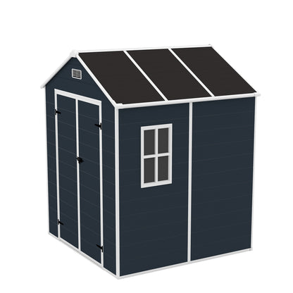6*6ft resin storage shed, high quality pp material with Lockable Door,strong structure, waterproof, rust and UV proof, large storage space, 12mm thick pp board, HD window lighting Dark gray