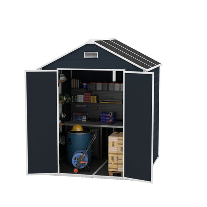 6*6ft resin storage shed, high quality pp material with Lockable Door,strong structure, waterproof, rust and UV proof, large storage space, 12mm thick pp board, HD window lighting Dark gray