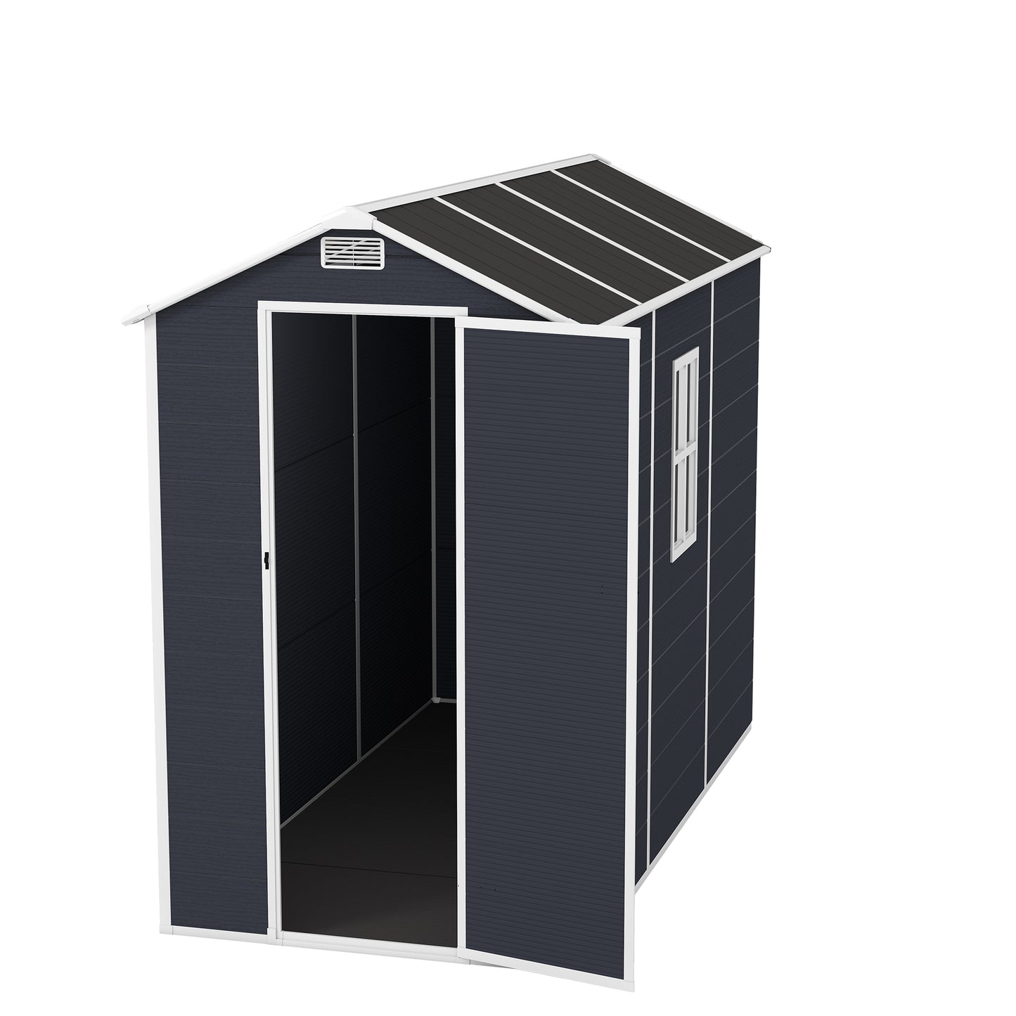4*8ft resin storage shed, high quality pp material,strong structure,Outside Sheds, waterproof, rust and UV proof, large storage space, 12mm thick pp board, HD window lighting Dark gray