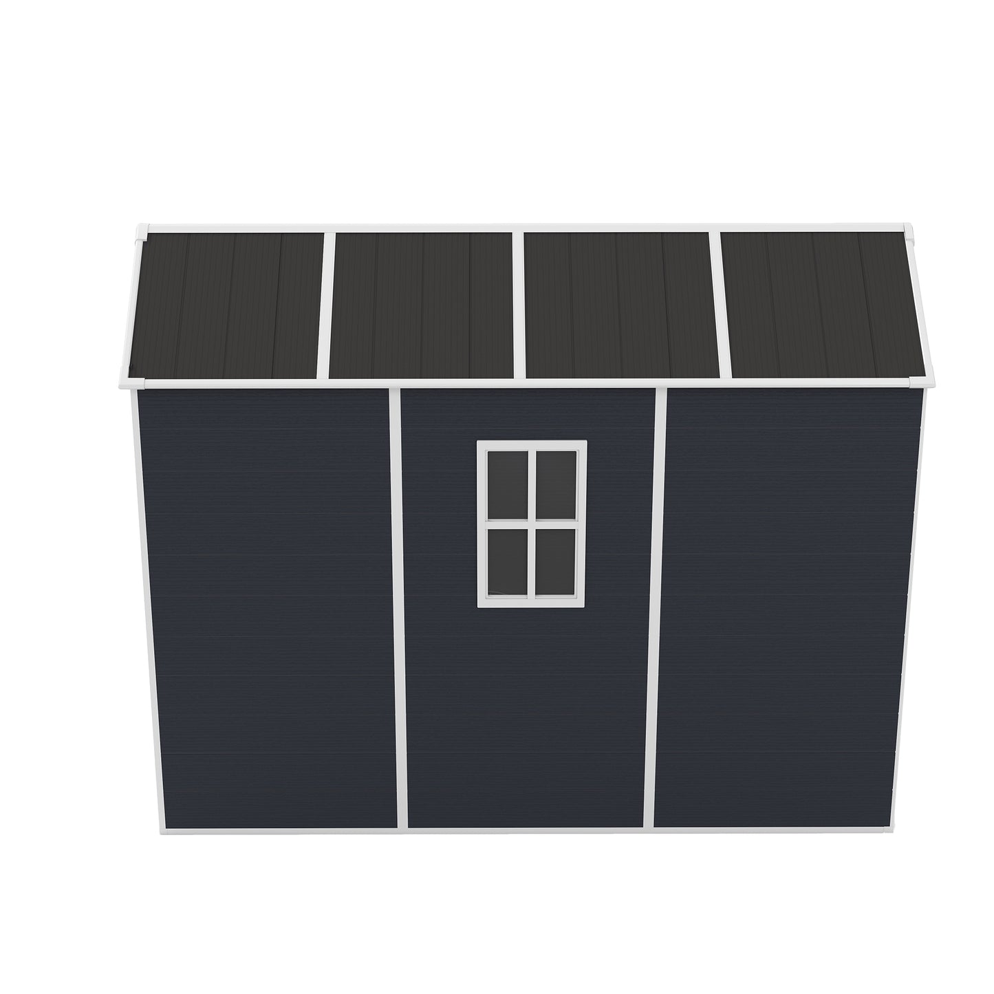 4*8ft resin storage shed, high quality pp material,strong structure,Outside Sheds, waterproof, rust and UV proof, large storage space, 12mm thick pp board, HD window lighting Dark gray