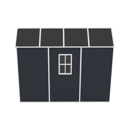 4*8ft resin storage shed, high quality pp material,strong structure,Outside Sheds, waterproof, rust and UV proof, large storage space, 12mm thick pp board, HD window lighting Dark gray