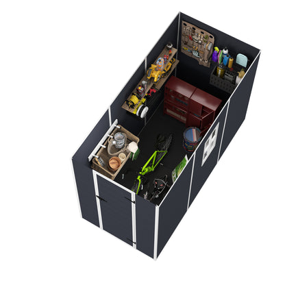 4*8ft resin storage shed, high quality pp material,strong structure,Outside Sheds, waterproof, rust and UV proof, large storage space, 12mm thick pp board, HD window lighting Dark gray