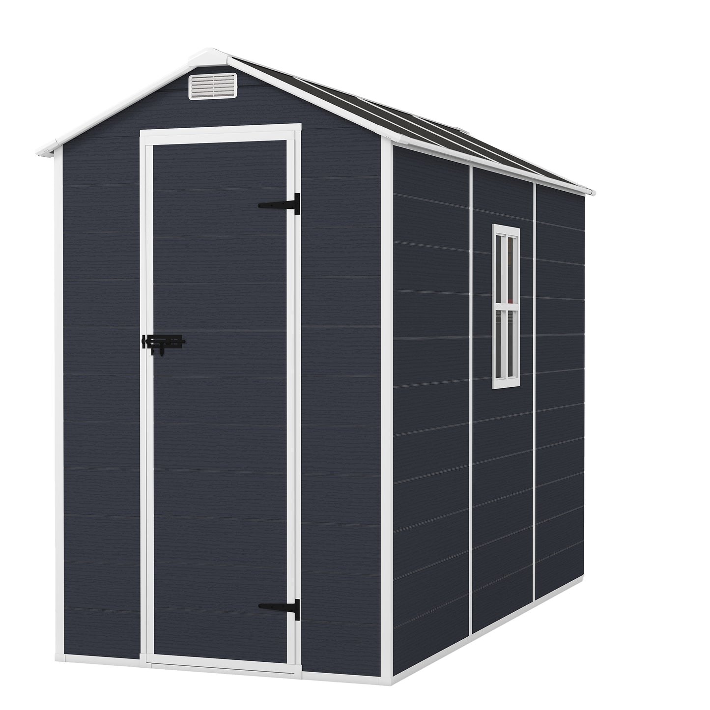 4*8ft resin storage shed, high quality pp material,strong structure,Outside Sheds, waterproof, rust and UV proof, large storage space, 12mm thick pp board, HD window lighting Dark gray