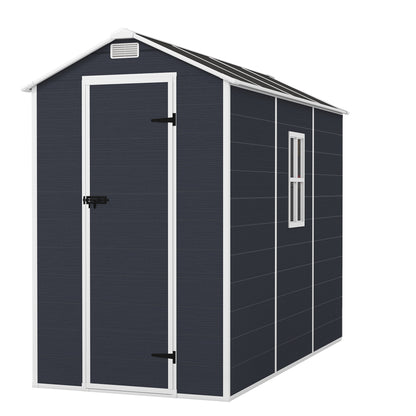 4*8ft resin storage shed, high quality pp material,strong structure,Outside Sheds, waterproof, rust and UV proof, large storage space, 12mm thick pp board, HD window lighting Dark gray