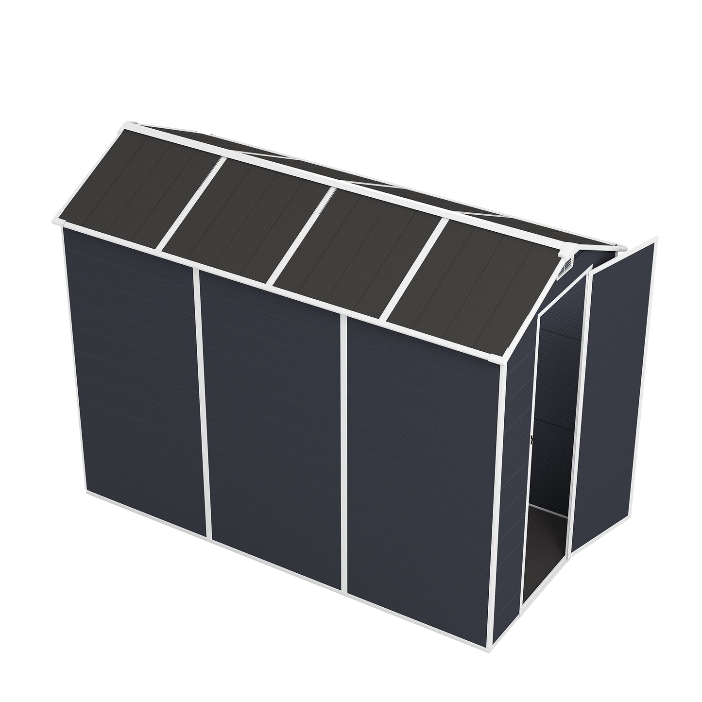 4*8ft resin storage shed, high quality pp material,strong structure,Outside Sheds, waterproof, rust and UV proof, large storage space, 12mm thick pp board, HD window lighting Dark gray