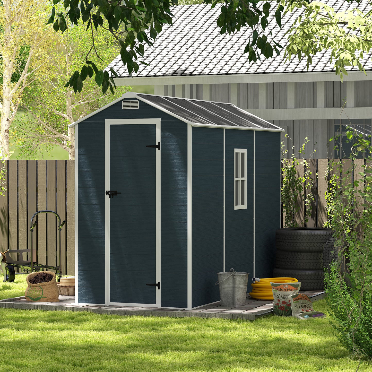 4*8ft resin storage shed, high quality pp material,strong structure,Outside Sheds, waterproof, rust and UV proof, large storage space, 12mm thick pp board, HD window lighting Dark gray