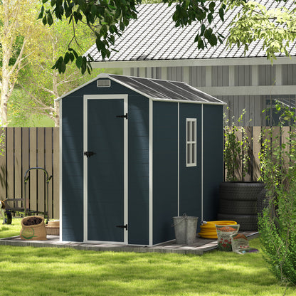 4*8ft resin storage shed, high quality pp material,strong structure,Outside Sheds, waterproof, rust and UV proof, large storage space, 12mm thick pp board, HD window lighting Dark gray
