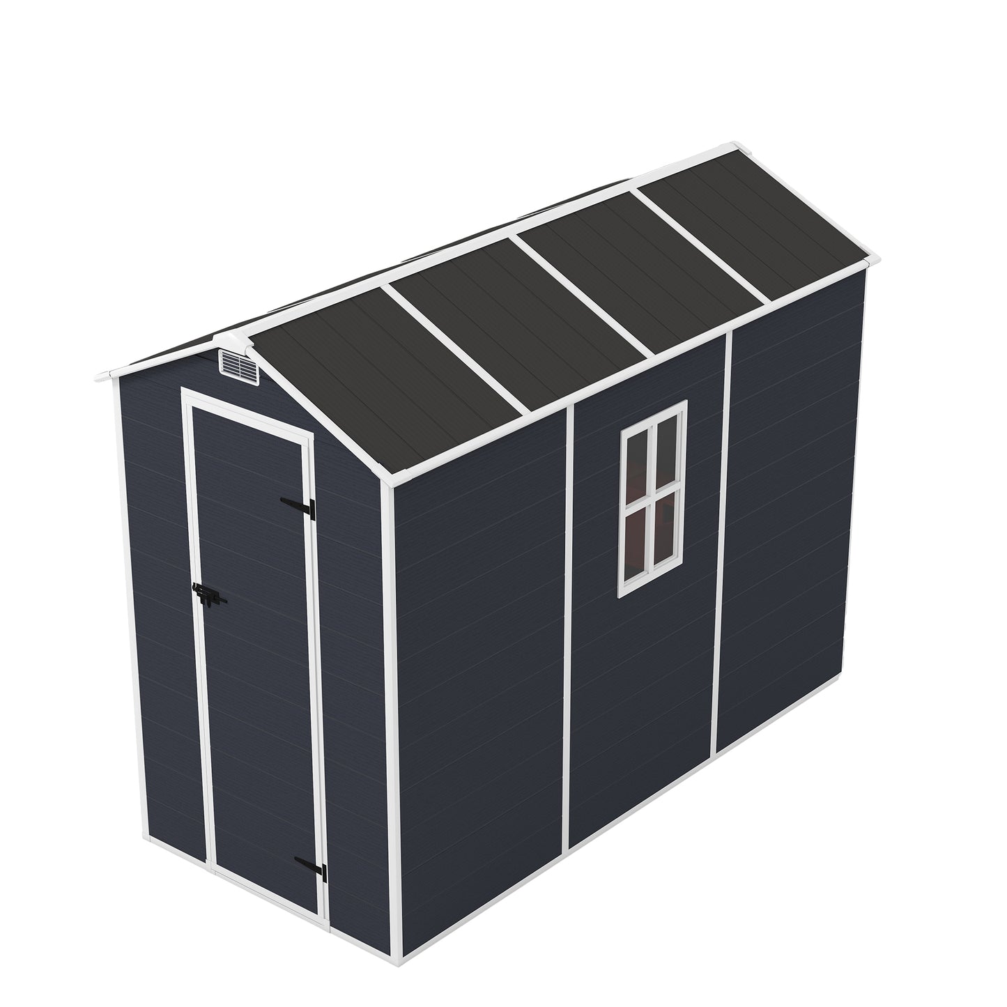 4*8ft resin storage shed, high quality pp material,strong structure,Outside Sheds, waterproof, rust and UV proof, large storage space, 12mm thick pp board, HD window lighting Dark gray