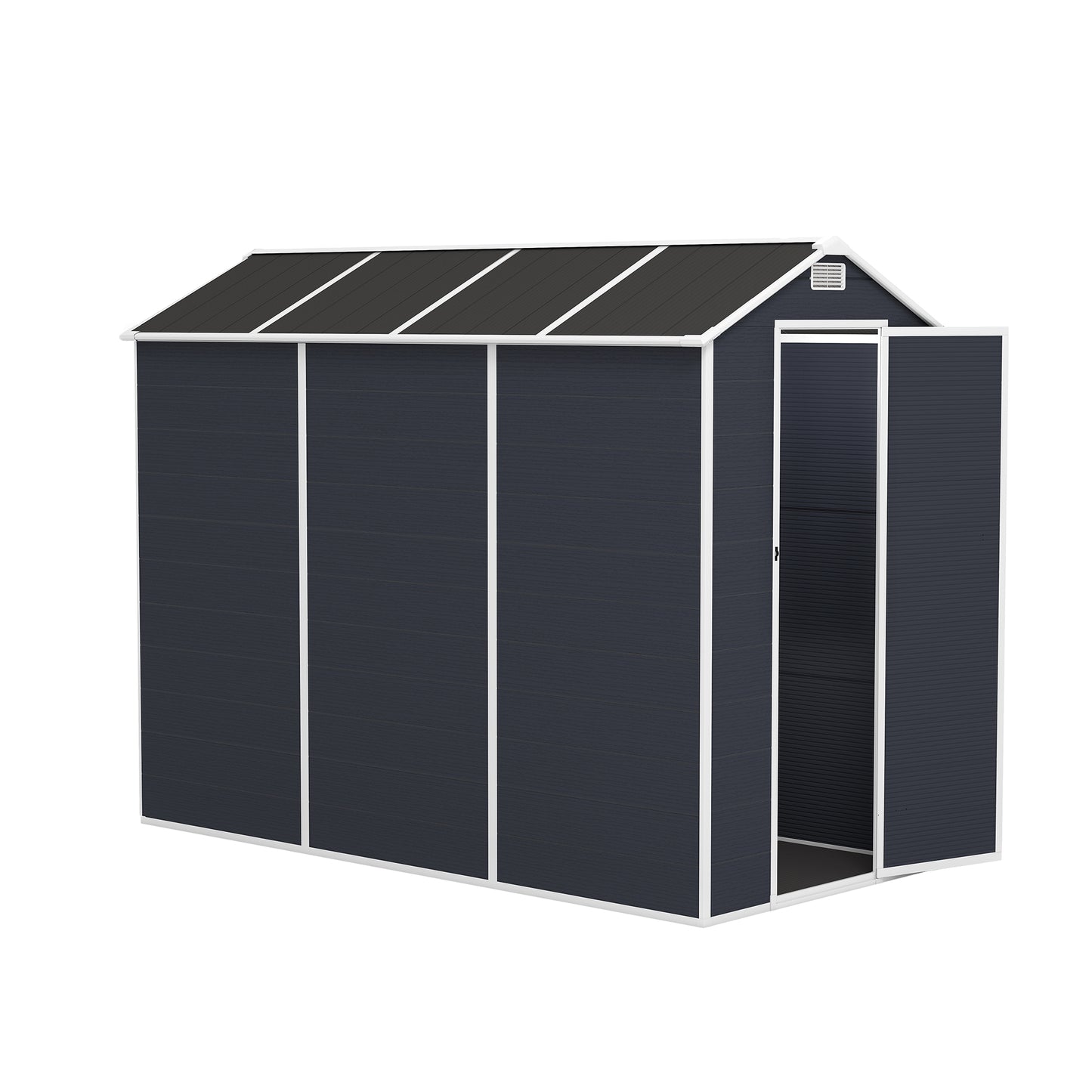 4*8ft resin storage shed, high quality pp material,strong structure,Outside Sheds, waterproof, rust and UV proof, large storage space, 12mm thick pp board, HD window lighting Dark gray