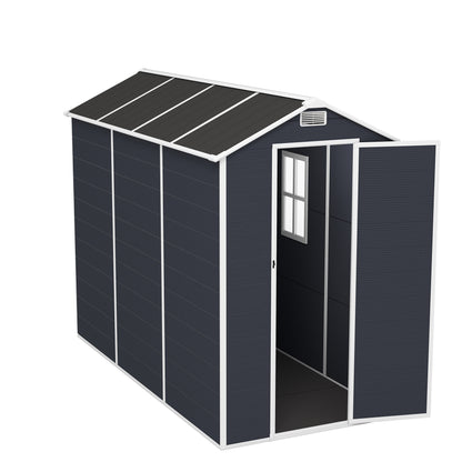 4*8ft resin storage shed, high quality pp material,strong structure,Outside Sheds, waterproof, rust and UV proof, large storage space, 12mm thick pp board, HD window lighting Dark gray