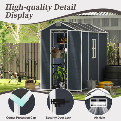 4*8ft resin storage shed, high quality pp material,strong structure,Outside Sheds, waterproof, rust and UV proof, large storage space, 12mm thick pp board, HD window lighting Dark gray