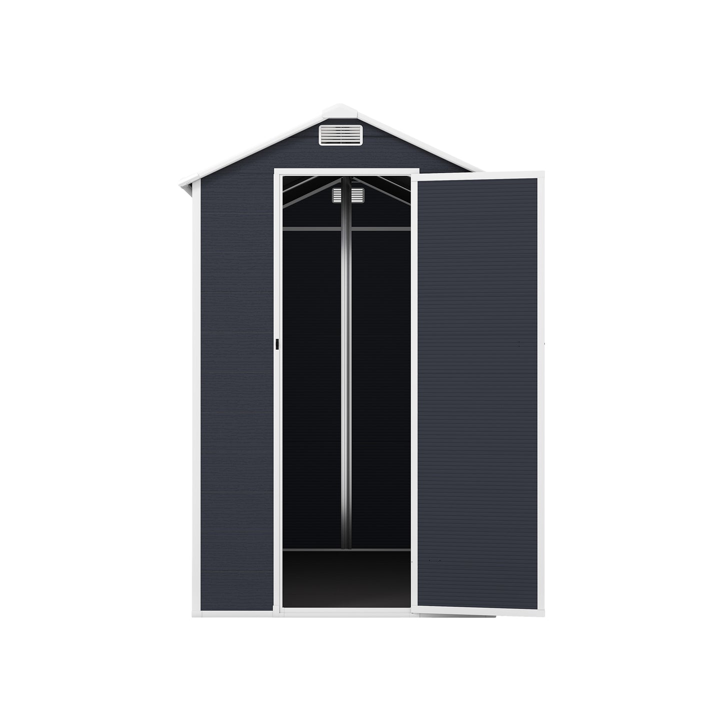 4*8ft resin storage shed, high quality pp material,strong structure,Outside Sheds, waterproof, rust and UV proof, large storage space, 12mm thick pp board, HD window lighting Dark gray