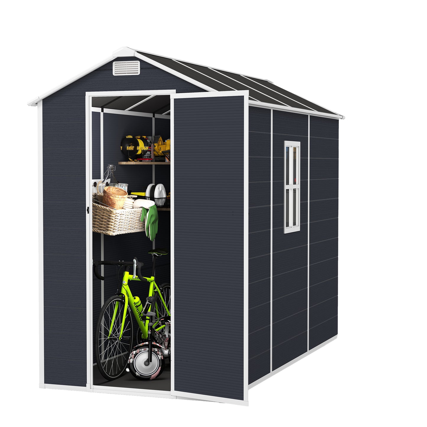 4*8ft resin storage shed, high quality pp material,strong structure,Outside Sheds, waterproof, rust and UV proof, large storage space, 12mm thick pp board, HD window lighting Dark gray