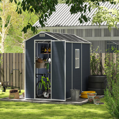 4*8ft resin storage shed, high quality pp material,strong structure,Outside Sheds, waterproof, rust and UV proof, large storage space, 12mm thick pp board, HD window lighting Dark gray