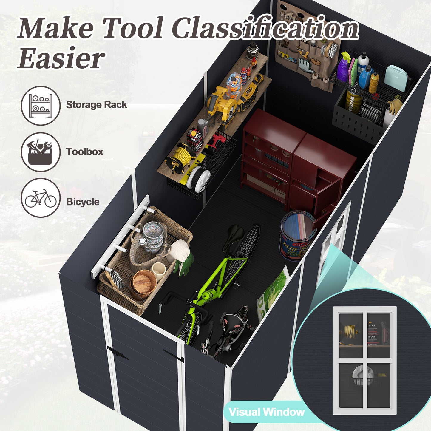 4*8ft resin storage shed, high quality pp material,strong structure,Outside Sheds, waterproof, rust and UV proof, large storage space, 12mm thick pp board, HD window lighting Dark gray