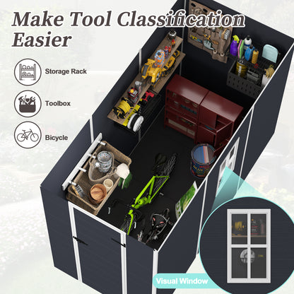 4*8ft resin storage shed, high quality pp material,strong structure,Outside Sheds, waterproof, rust and UV proof, large storage space, 12mm thick pp board, HD window lighting Dark gray