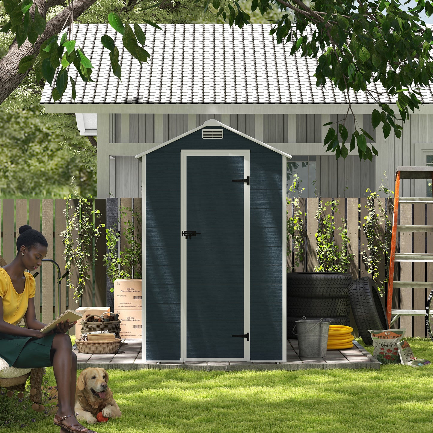 4*8ft resin storage shed, high quality pp material,strong structure,Outside Sheds, waterproof, rust and UV proof, large storage space, 12mm thick pp board, HD window lighting Dark gray