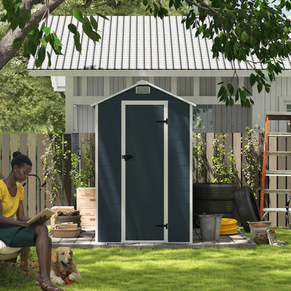 4*8ft resin storage shed, high quality pp material,strong structure,Outside Sheds, waterproof, rust and UV proof, large storage space, 12mm thick pp board, HD window lighting Dark gray