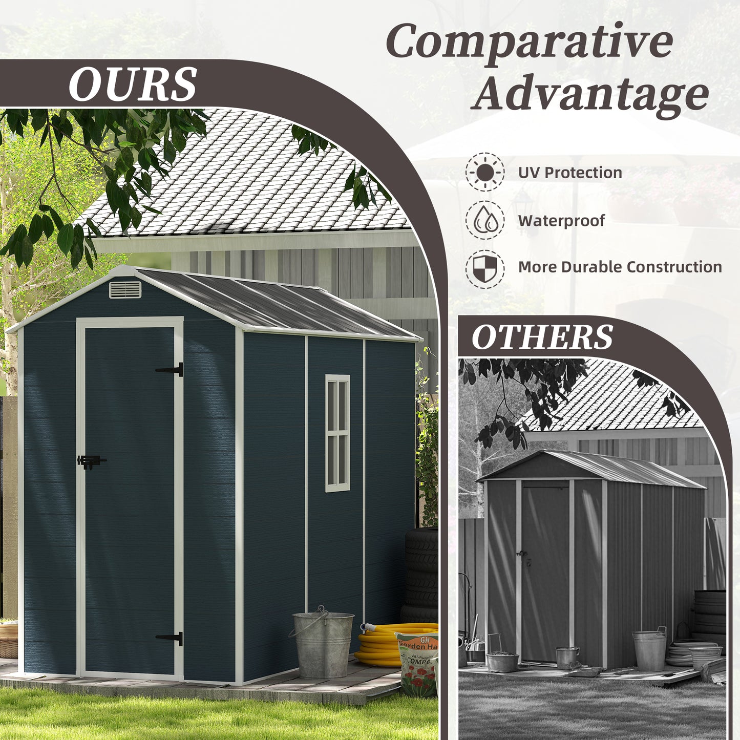 4*8ft resin storage shed, high quality pp material,strong structure,Outside Sheds, waterproof, rust and UV proof, large storage space, 12mm thick pp board, HD window lighting Dark gray