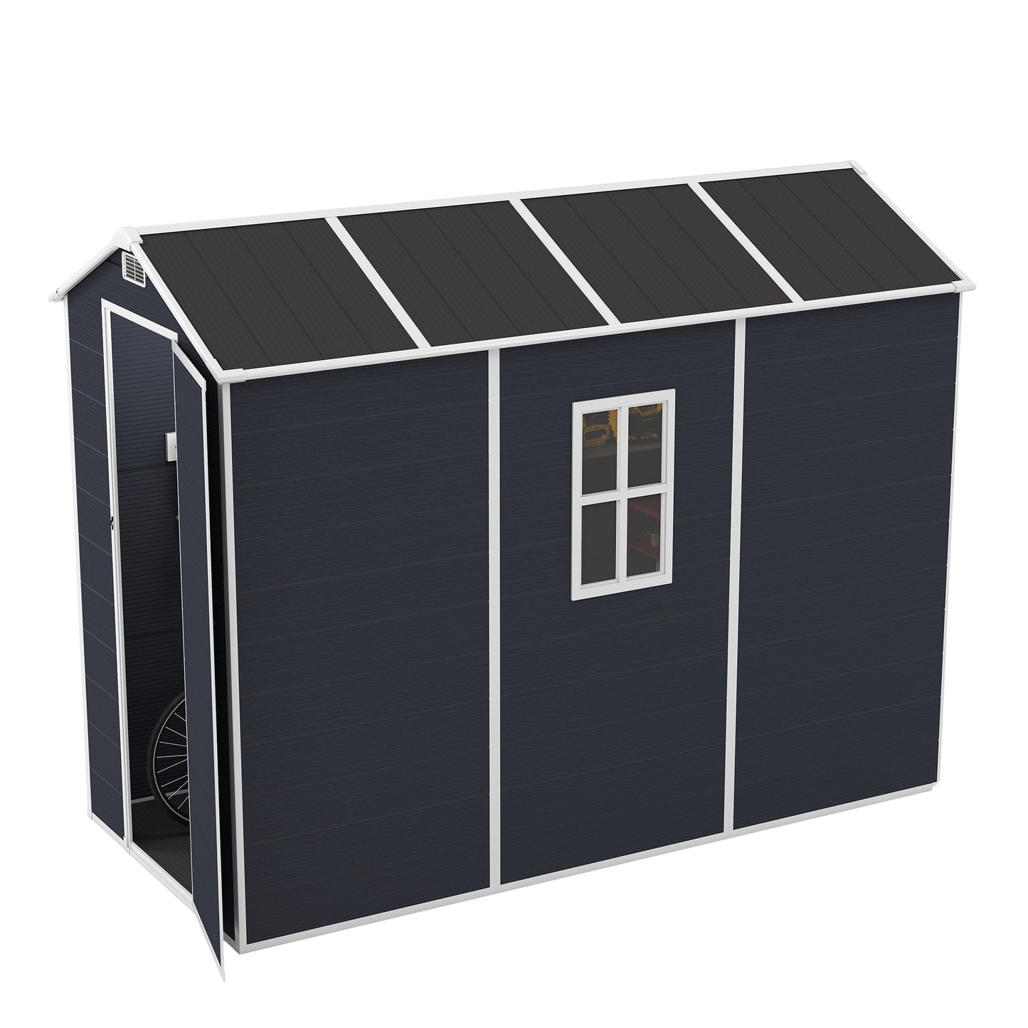 4*8ft resin storage shed, high quality pp material,strong structure,Outside Sheds, waterproof, rust and UV proof, large storage space, 12mm thick pp board, HD window lighting Dark gray