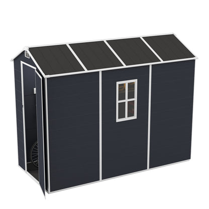 4*8ft resin storage shed, high quality pp material,strong structure,Outside Sheds, waterproof, rust and UV proof, large storage space, 12mm thick pp board, HD window lighting Dark gray