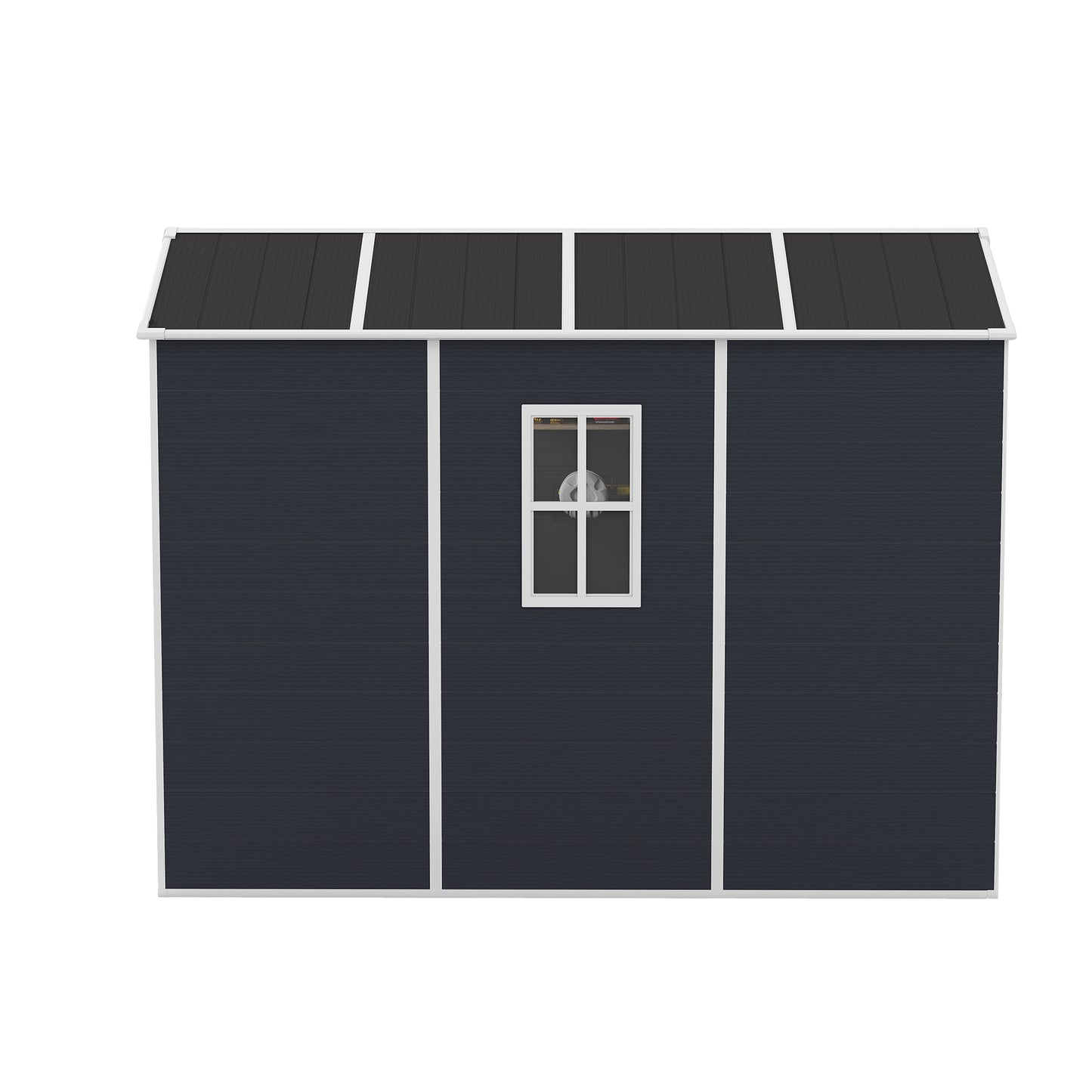 4*8ft resin storage shed, high quality pp material,strong structure,Outside Sheds, waterproof, rust and UV proof, large storage space, 12mm thick pp board, HD window lighting Dark gray