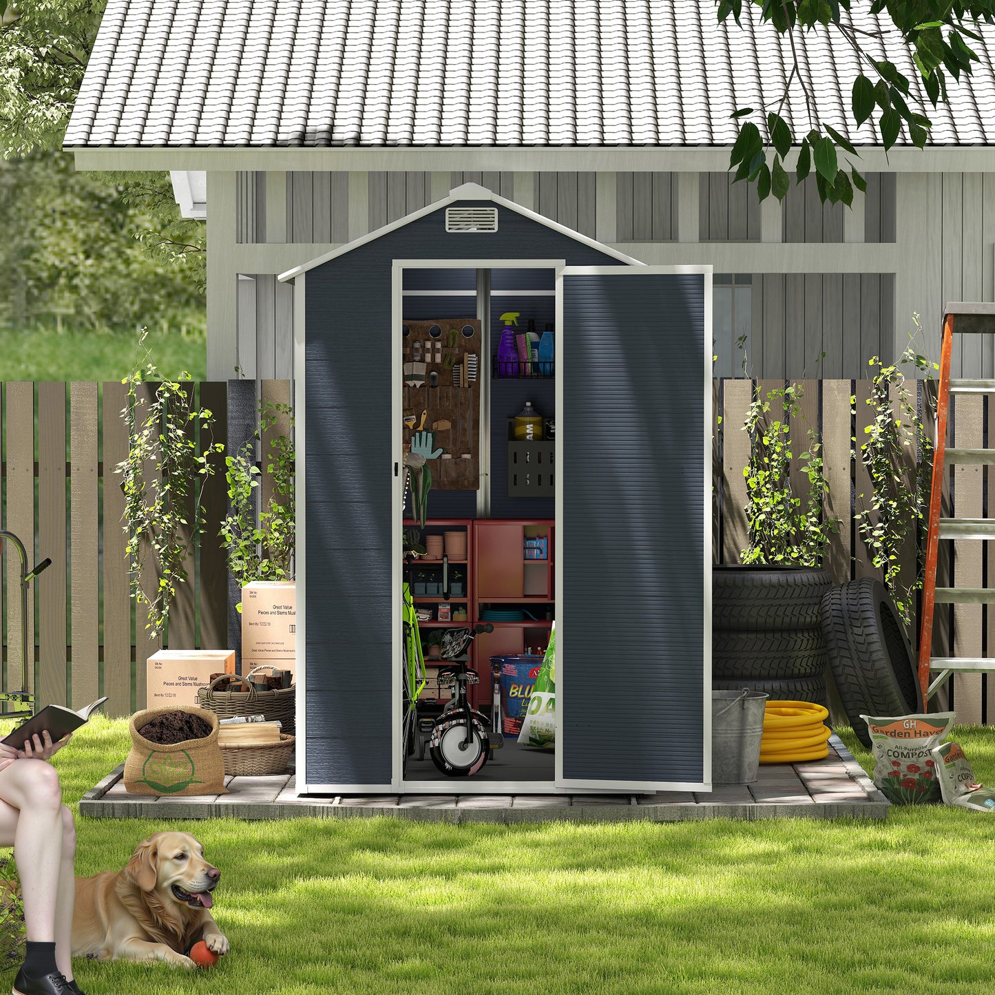 4*8ft resin storage shed, high quality pp material,strong structure,Outside Sheds, waterproof, rust and UV proof, large storage space, 12mm thick pp board, HD window lighting Dark gray