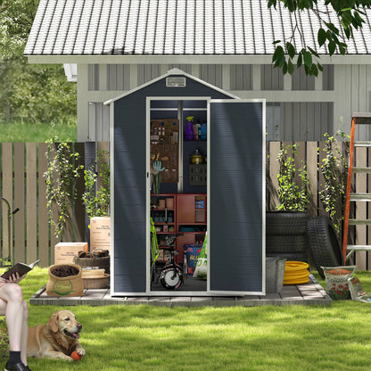 4*8ft resin storage shed, high quality pp material,strong structure,Outside Sheds, waterproof, rust and UV proof, large storage space, 12mm thick pp board, HD window lighting Dark gray
