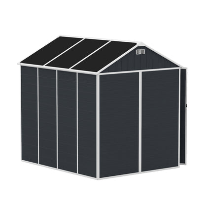 8*7ft Outdoor Storage Shed, Outdoor Resin Shed with Two-Window and Double-Door, Plastic Shed with Floor for Garden, Patio, Yard, Lawn (Dark Gray)