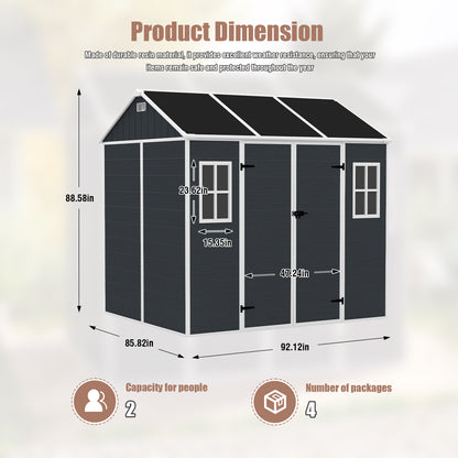 8*7ft Outdoor Storage Shed, Outdoor Resin Shed with Two-Window and Double-Door, Plastic Shed with Floor for Garden, Patio, Yard, Lawn (Dark Gray)