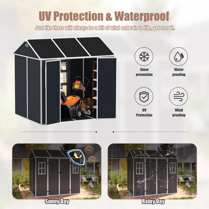 8*7ft Outdoor Storage Shed, Outdoor Resin Shed with Two-Window and Double-Door, Plastic Shed with Floor for Garden, Patio, Yard, Lawn (Dark Gray)