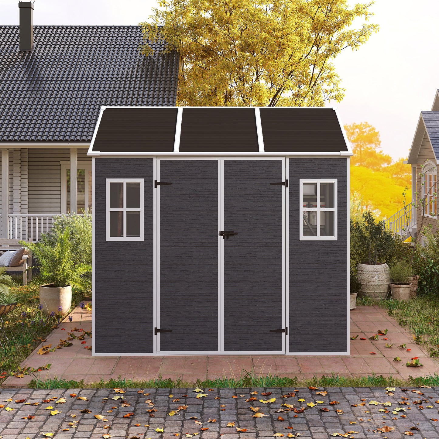 8*7ft Outdoor Storage Shed, Outdoor Resin Shed with Two-Window and Double-Door, Plastic Shed with Floor for Garden, Patio, Yard, Lawn (Dark Gray)