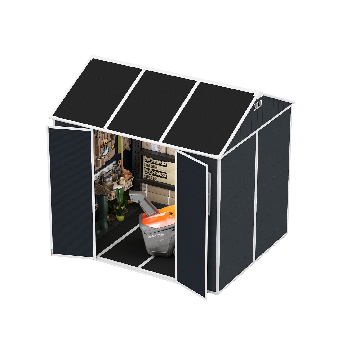 8*7ft Outdoor Storage Shed, Outdoor Resin Shed with Two-Window and Double-Door, Plastic Shed with Floor for Garden, Patio, Yard, Lawn (Dark Gray)