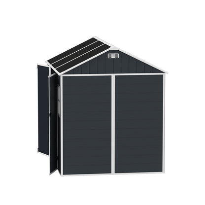 8*7ft Outdoor Storage Shed, Outdoor Resin Shed with Two-Window and Double-Door, Plastic Shed with Floor for Garden, Patio, Yard, Lawn (Dark Gray)