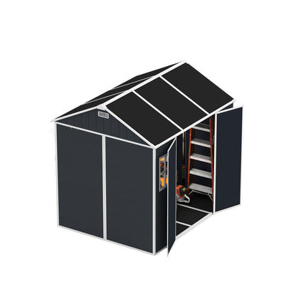 8*7ft Outdoor Storage Shed, Outdoor Resin Shed with Two-Window and Double-Door, Plastic Shed with Floor for Garden, Patio, Yard, Lawn (Dark Gray)