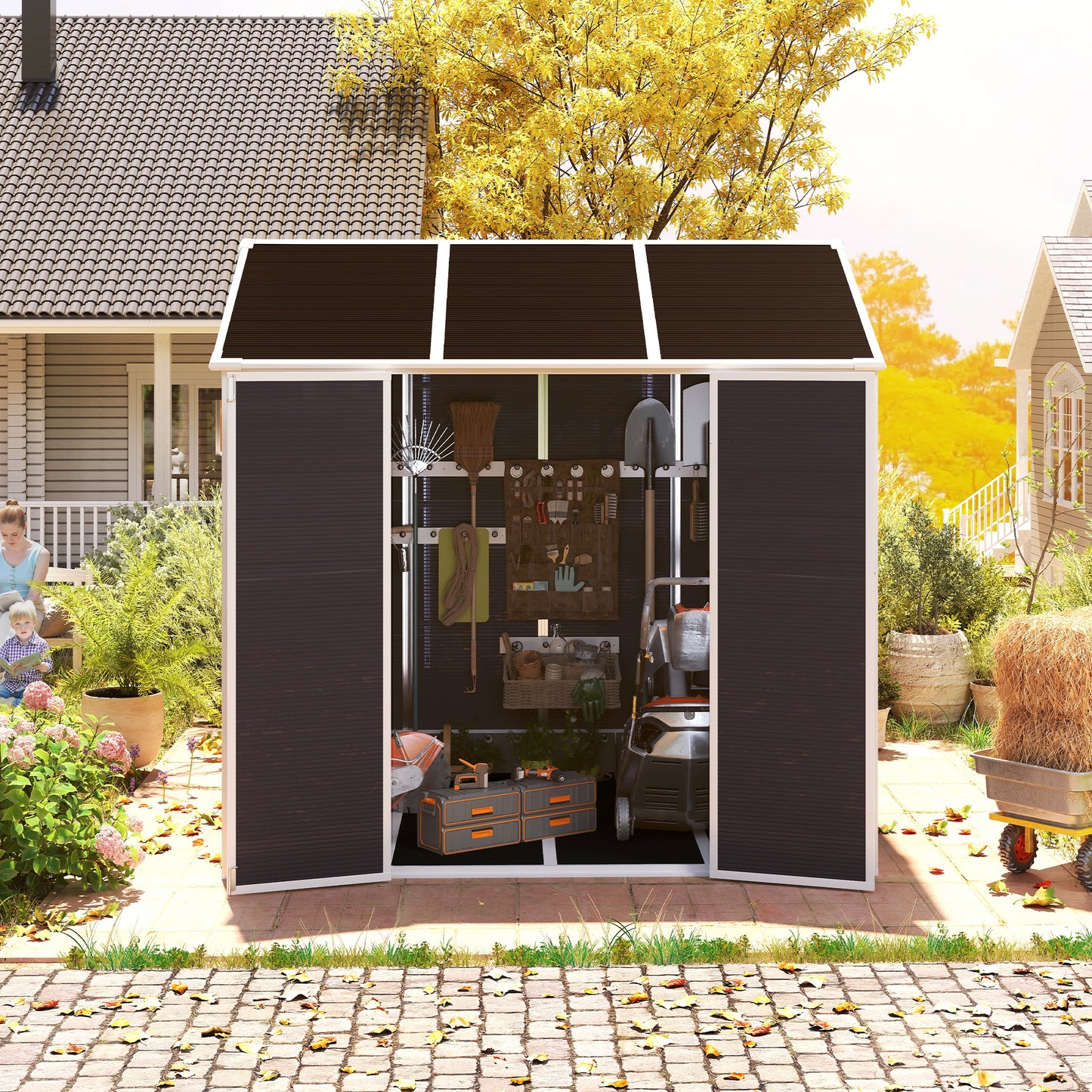 8*7ft Outdoor Storage Shed, Outdoor Resin Shed with Two-Window and Double-Door, Plastic Shed with Floor for Garden, Patio, Yard, Lawn (Dark Gray)