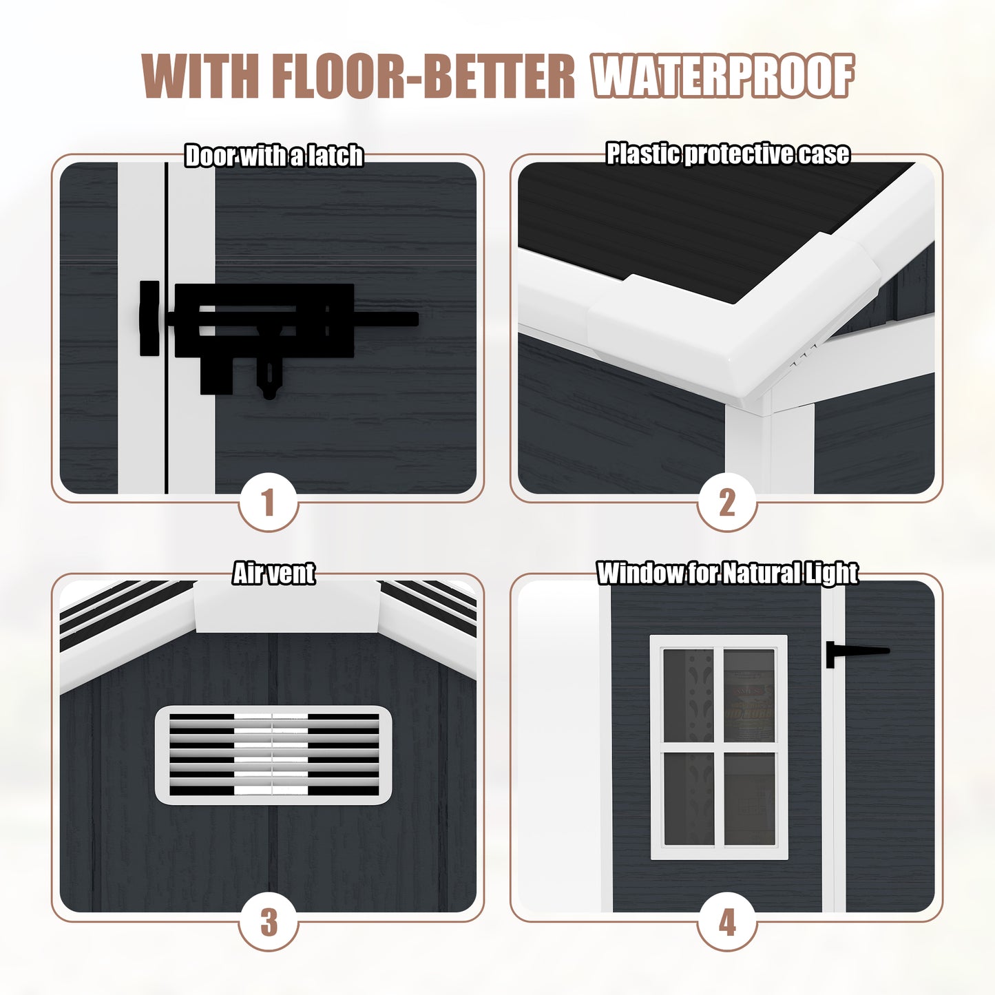 8*7ft Outdoor Storage Shed, Outdoor Resin Shed with Two-Window and Double-Door, Plastic Shed with Floor for Garden, Patio, Yard, Lawn (Dark Gray)