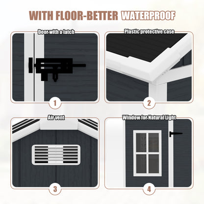 8*7ft Outdoor Storage Shed, Outdoor Resin Shed with Two-Window and Double-Door, Plastic Shed with Floor for Garden, Patio, Yard, Lawn (Dark Gray)