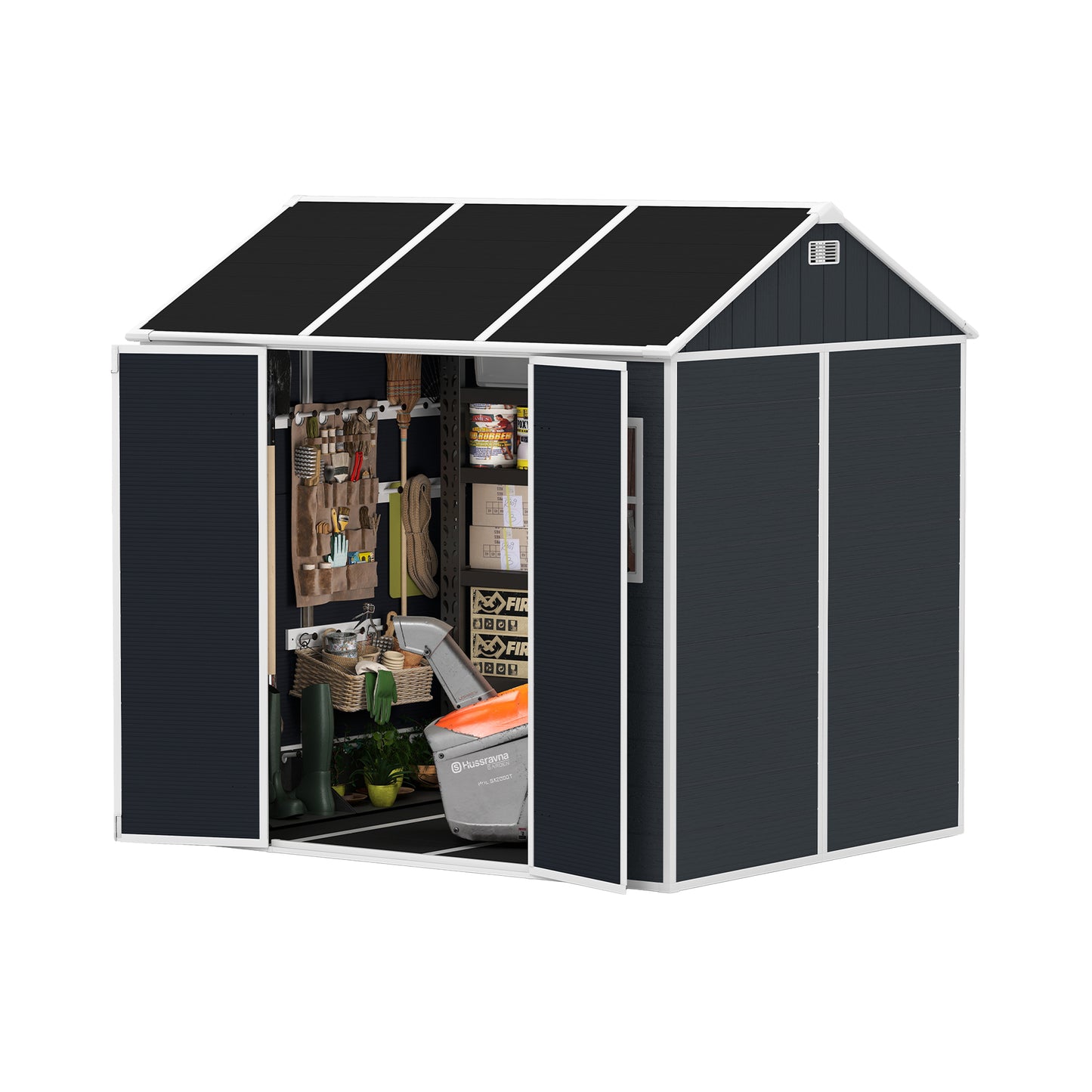 8*7ft Outdoor Storage Shed, Outdoor Resin Shed with Two-Window and Double-Door, Plastic Shed with Floor for Garden, Patio, Yard, Lawn (Dark Gray)