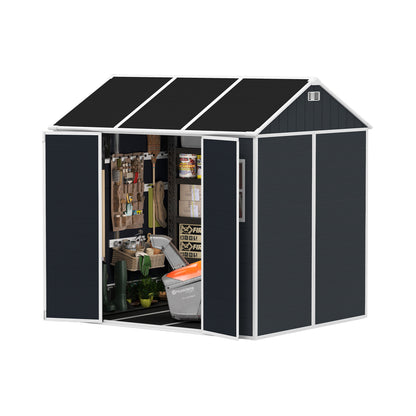 8*7ft Outdoor Storage Shed, Outdoor Resin Shed with Two-Window and Double-Door, Plastic Shed with Floor for Garden, Patio, Yard, Lawn (Dark Gray)