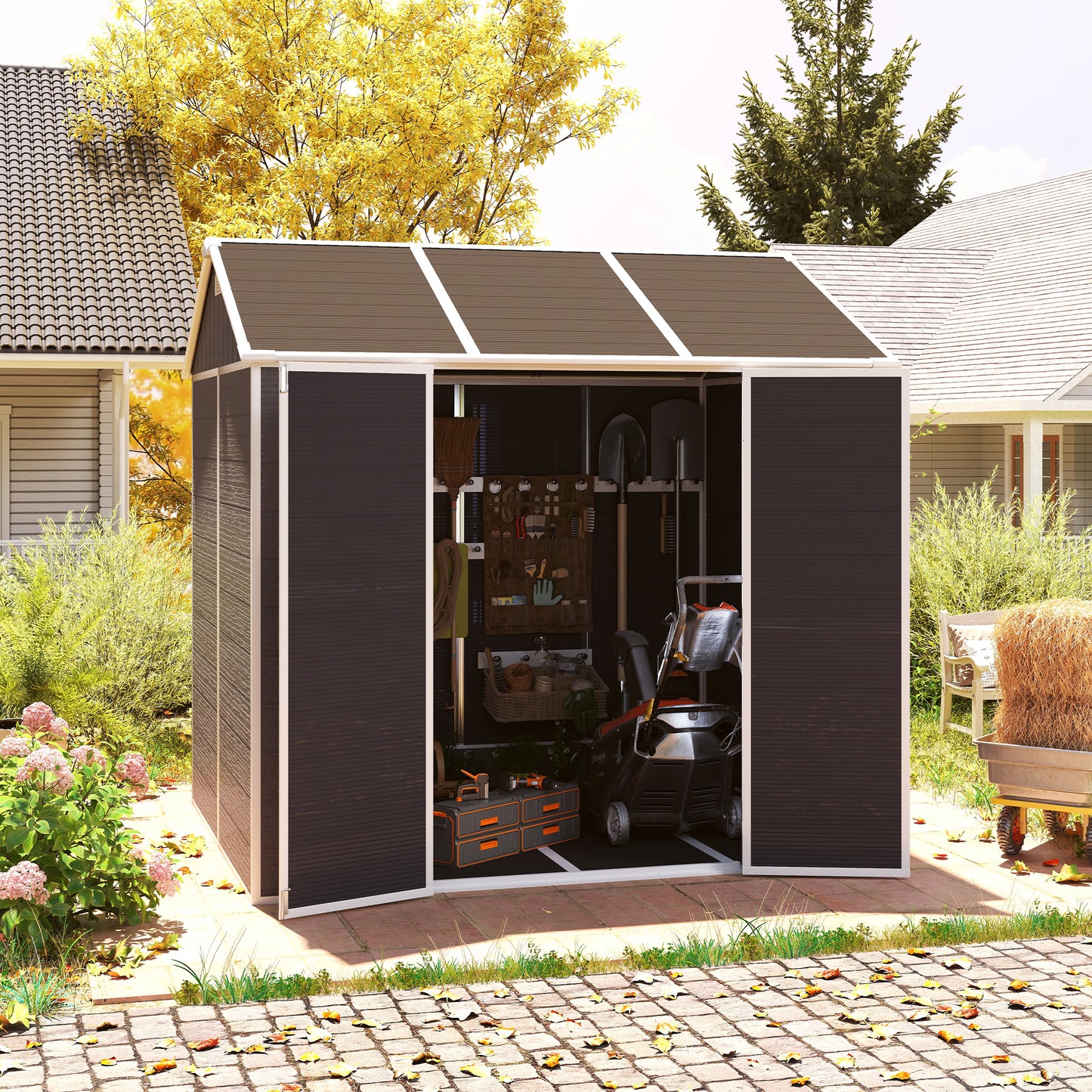8*7ft Outdoor Storage Shed, Outdoor Resin Shed with Two-Window and Double-Door, Plastic Shed with Floor for Garden, Patio, Yard, Lawn (Dark Gray)