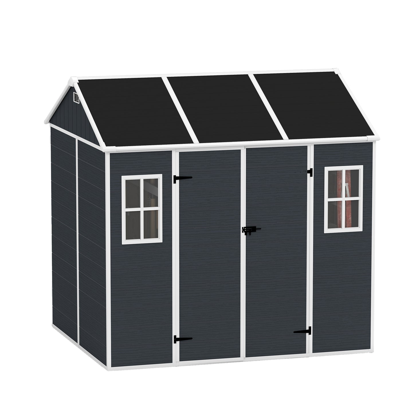 8*7ft Outdoor Storage Shed, Outdoor Resin Shed with Two-Window and Double-Door, Plastic Shed with Floor for Garden, Patio, Yard, Lawn (Dark Gray)