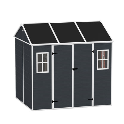 8*7ft Outdoor Storage Shed, Outdoor Resin Shed with Two-Window and Double-Door, Plastic Shed with Floor for Garden, Patio, Yard, Lawn (Dark Gray)